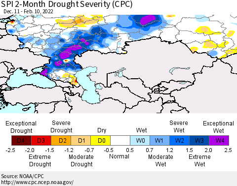 Russian Federation SPI 2-Month Drought Severity (CPC) Thematic Map For 12/11/2021 - 2/10/2022
