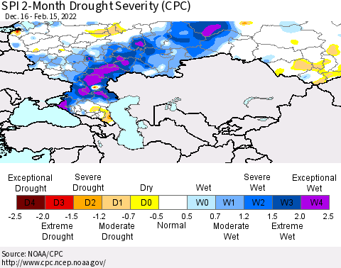 Russian Federation SPI 2-Month Drought Severity (CPC) Thematic Map For 12/16/2021 - 2/15/2022