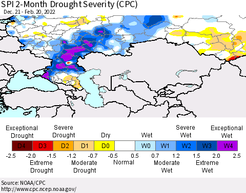 Russian Federation SPI 2-Month Drought Severity (CPC) Thematic Map For 12/21/2021 - 2/20/2022