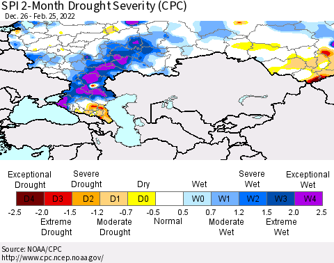 Russian Federation SPI 2-Month Drought Severity (CPC) Thematic Map For 12/26/2021 - 2/25/2022