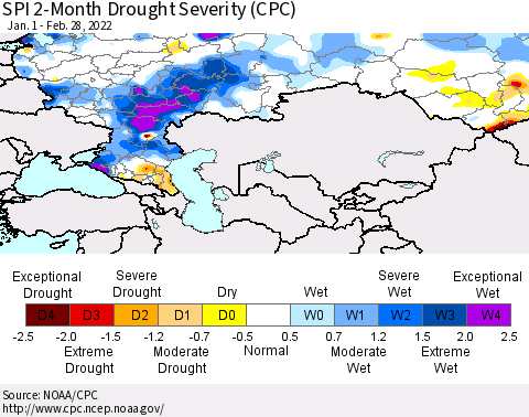 Russian Federation SPI 2-Month Drought Severity (CPC) Thematic Map For 1/1/2022 - 2/28/2022