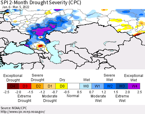 Russian Federation SPI 2-Month Drought Severity (CPC) Thematic Map For 1/6/2022 - 3/5/2022