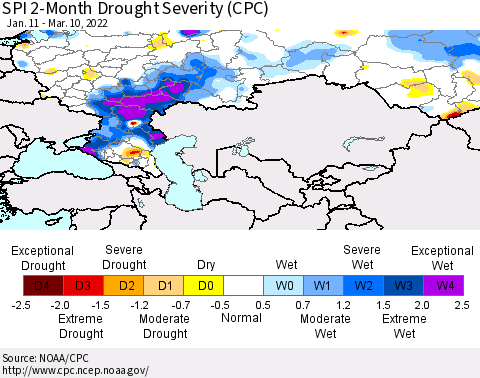 Russian Federation SPI 2-Month Drought Severity (CPC) Thematic Map For 1/11/2022 - 3/10/2022