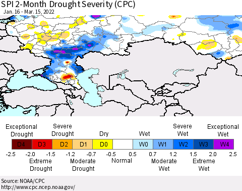 Russian Federation SPI 2-Month Drought Severity (CPC) Thematic Map For 1/16/2022 - 3/15/2022