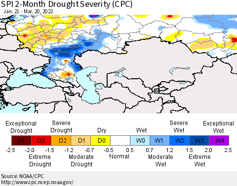 Russian Federation SPI 2-Month Drought Severity (CPC) Thematic Map For 1/21/2022 - 3/20/2022