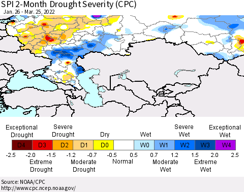 Russian Federation SPI 2-Month Drought Severity (CPC) Thematic Map For 1/26/2022 - 3/25/2022