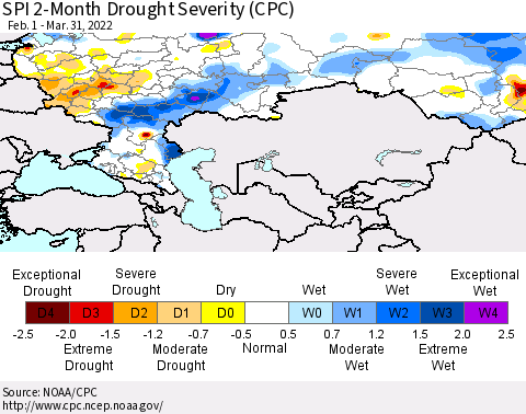 Russian Federation SPI 2-Month Drought Severity (CPC) Thematic Map For 2/1/2022 - 3/31/2022