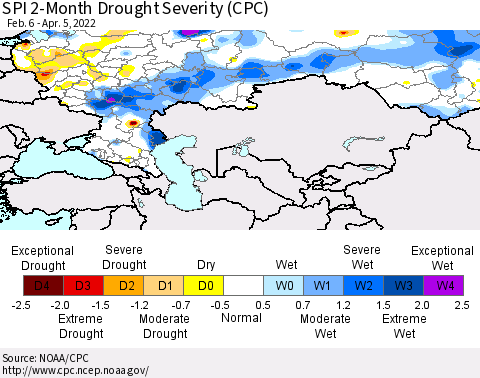 Russian Federation SPI 2-Month Drought Severity (CPC) Thematic Map For 2/6/2022 - 4/5/2022
