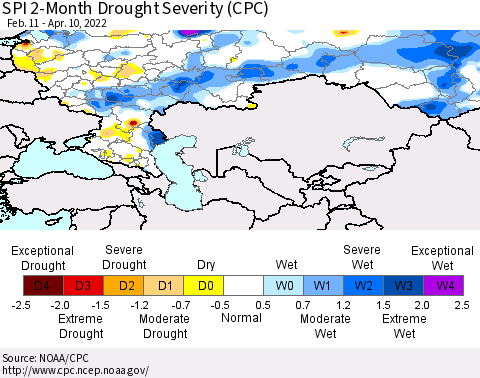 Russian Federation SPI 2-Month Drought Severity (CPC) Thematic Map For 2/11/2022 - 4/10/2022