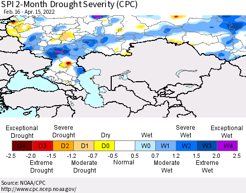 Russian Federation SPI 2-Month Drought Severity (CPC) Thematic Map For 2/16/2022 - 4/15/2022