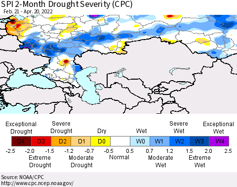 Russian Federation SPI 2-Month Drought Severity (CPC) Thematic Map For 2/21/2022 - 4/20/2022