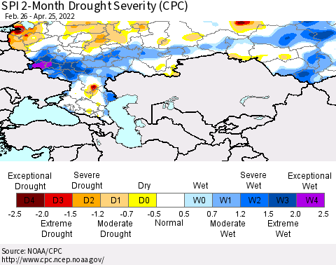 Russian Federation SPI 2-Month Drought Severity (CPC) Thematic Map For 2/26/2022 - 4/25/2022