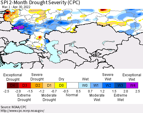 Russian Federation SPI 2-Month Drought Severity (CPC) Thematic Map For 3/1/2022 - 4/30/2022