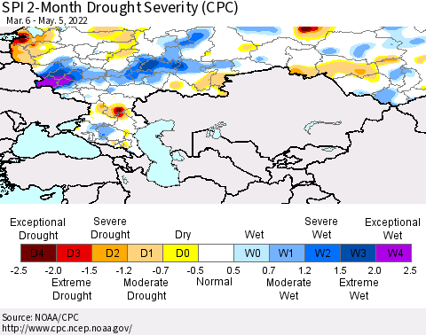 Russian Federation SPI 2-Month Drought Severity (CPC) Thematic Map For 3/6/2022 - 5/5/2022