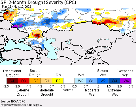 Russian Federation SPI 2-Month Drought Severity (CPC) Thematic Map For 3/11/2022 - 5/10/2022