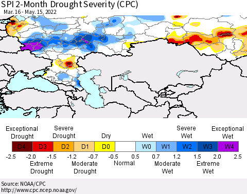 Russian Federation SPI 2-Month Drought Severity (CPC) Thematic Map For 3/16/2022 - 5/15/2022
