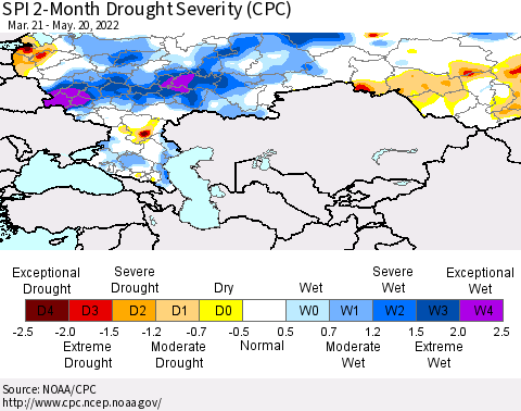 Russian Federation SPI 2-Month Drought Severity (CPC) Thematic Map For 3/21/2022 - 5/20/2022