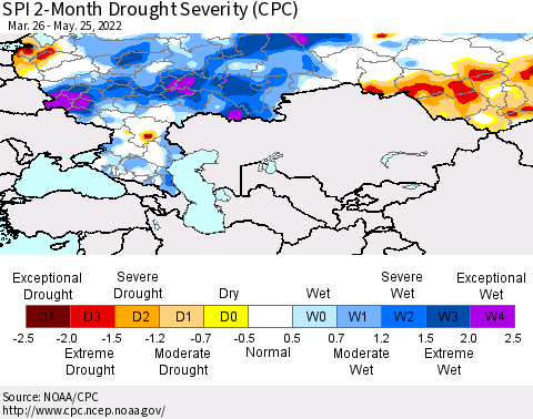Russian Federation SPI 2-Month Drought Severity (CPC) Thematic Map For 3/26/2022 - 5/25/2022