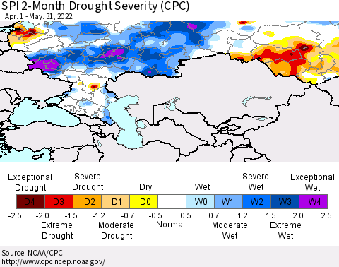 Russian Federation SPI 2-Month Drought Severity (CPC) Thematic Map For 4/1/2022 - 5/31/2022