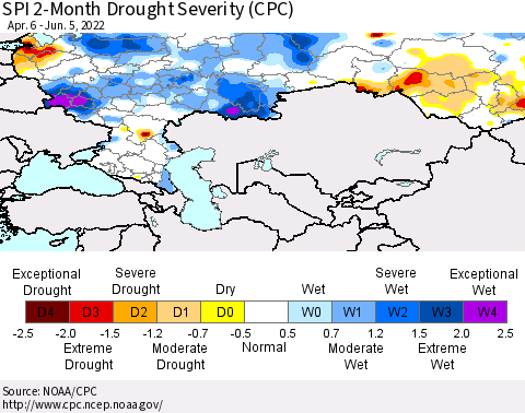 Russian Federation SPI 2-Month Drought Severity (CPC) Thematic Map For 4/6/2022 - 6/5/2022