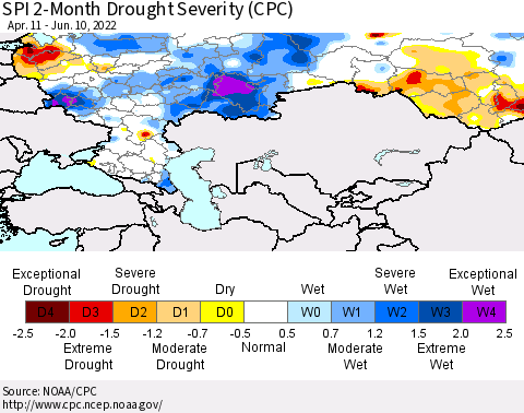 Russian Federation SPI 2-Month Drought Severity (CPC) Thematic Map For 4/11/2022 - 6/10/2022