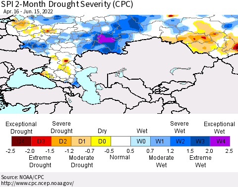 Russian Federation SPI 2-Month Drought Severity (CPC) Thematic Map For 4/16/2022 - 6/15/2022