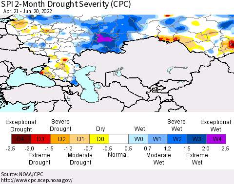 Russian Federation SPI 2-Month Drought Severity (CPC) Thematic Map For 4/21/2022 - 6/20/2022