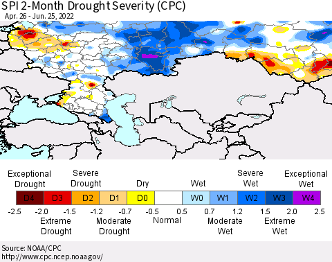 Russian Federation SPI 2-Month Drought Severity (CPC) Thematic Map For 4/26/2022 - 6/25/2022