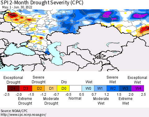 Russian Federation SPI 2-Month Drought Severity (CPC) Thematic Map For 5/1/2022 - 6/30/2022