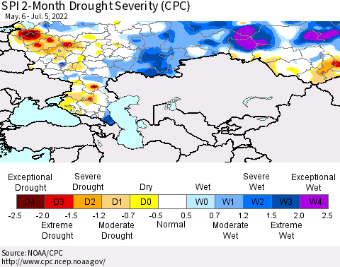 Russian Federation SPI 2-Month Drought Severity (CPC) Thematic Map For 5/6/2022 - 7/5/2022