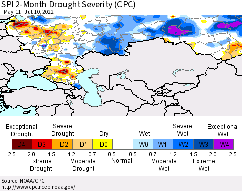 Russian Federation SPI 2-Month Drought Severity (CPC) Thematic Map For 5/11/2022 - 7/10/2022