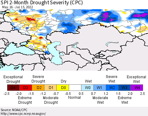 Russian Federation SPI 2-Month Drought Severity (CPC) Thematic Map For 5/16/2022 - 7/15/2022
