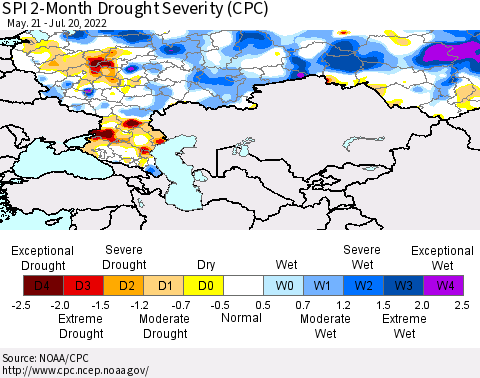 Russian Federation SPI 2-Month Drought Severity (CPC) Thematic Map For 5/21/2022 - 7/20/2022