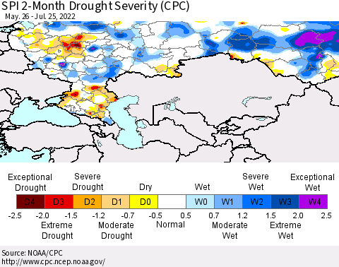Russian Federation SPI 2-Month Drought Severity (CPC) Thematic Map For 5/26/2022 - 7/25/2022