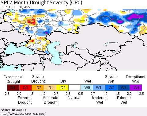 Russian Federation SPI 2-Month Drought Severity (CPC) Thematic Map For 6/1/2022 - 7/31/2022