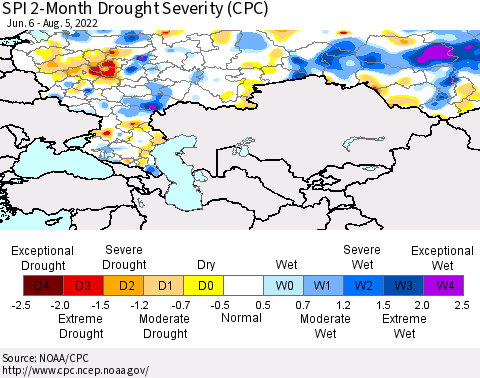 Russian Federation SPI 2-Month Drought Severity (CPC) Thematic Map For 6/6/2022 - 8/5/2022