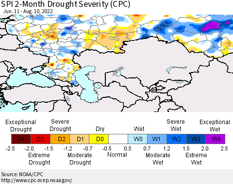 Russian Federation SPI 2-Month Drought Severity (CPC) Thematic Map For 6/11/2022 - 8/10/2022