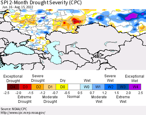 Russian Federation SPI 2-Month Drought Severity (CPC) Thematic Map For 6/16/2022 - 8/15/2022