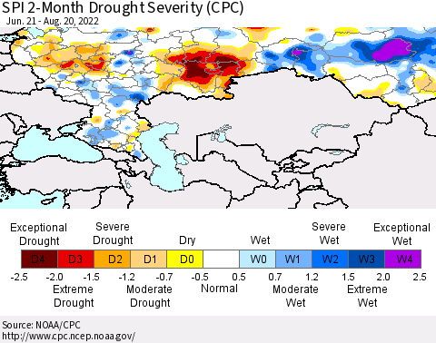 Russian Federation SPI 2-Month Drought Severity (CPC) Thematic Map For 6/21/2022 - 8/20/2022