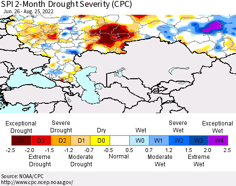 Russian Federation SPI 2-Month Drought Severity (CPC) Thematic Map For 6/26/2022 - 8/25/2022