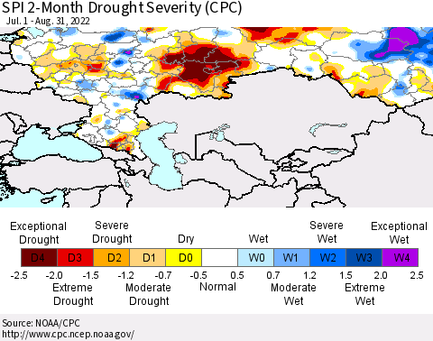Russian Federation SPI 2-Month Drought Severity (CPC) Thematic Map For 7/1/2022 - 8/31/2022