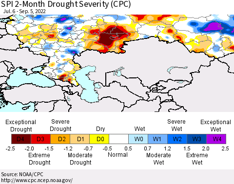 Russian Federation SPI 2-Month Drought Severity (CPC) Thematic Map For 7/6/2022 - 9/5/2022