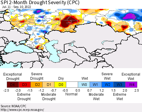 Russian Federation SPI 2-Month Drought Severity (CPC) Thematic Map For 7/11/2022 - 9/10/2022
