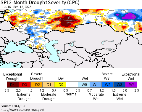 Russian Federation SPI 2-Month Drought Severity (CPC) Thematic Map For 7/16/2022 - 9/15/2022