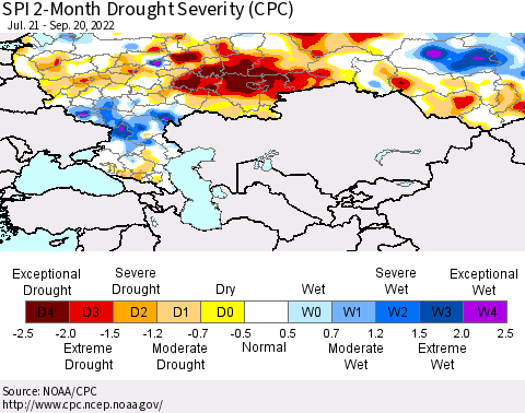 Russian Federation SPI 2-Month Drought Severity (CPC) Thematic Map For 7/21/2022 - 9/20/2022