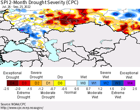 Russian Federation SPI 2-Month Drought Severity (CPC) Thematic Map For 7/26/2022 - 9/25/2022