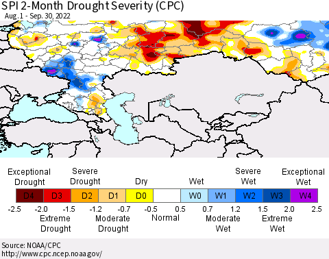 Russian Federation SPI 2-Month Drought Severity (CPC) Thematic Map For 8/1/2022 - 9/30/2022