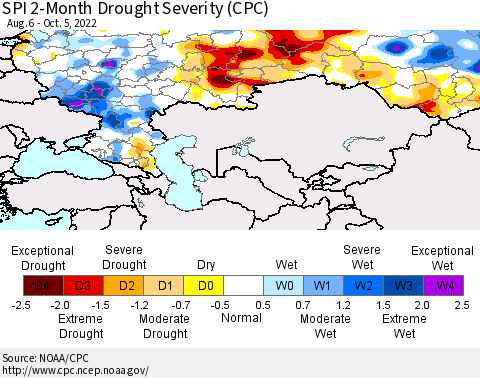 Russian Federation SPI 2-Month Drought Severity (CPC) Thematic Map For 8/6/2022 - 10/5/2022