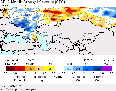 Russian Federation SPI 2-Month Drought Severity (CPC) Thematic Map For 8/11/2022 - 10/10/2022