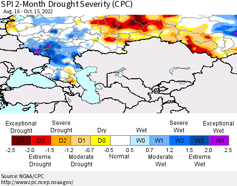 Russian Federation SPI 2-Month Drought Severity (CPC) Thematic Map For 8/16/2022 - 10/15/2022